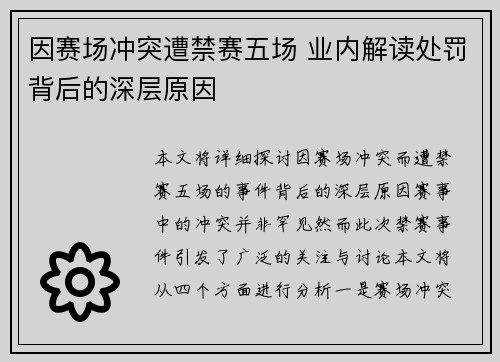 因赛场冲突遭禁赛五场 业内解读处罚背后的深层原因
