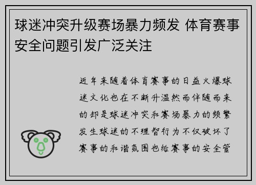 球迷冲突升级赛场暴力频发 体育赛事安全问题引发广泛关注