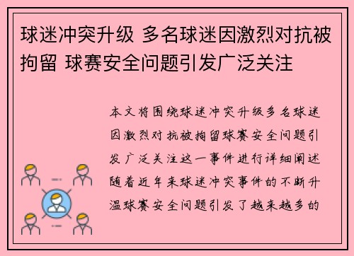 球迷冲突升级 多名球迷因激烈对抗被拘留 球赛安全问题引发广泛关注